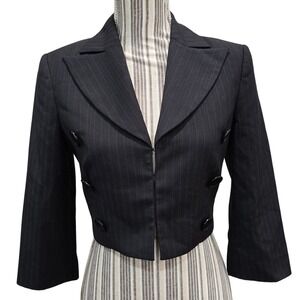 To The Max Cropped Pinstripe Blazer Jacket Small 3/4 Sleeve Wool Blend